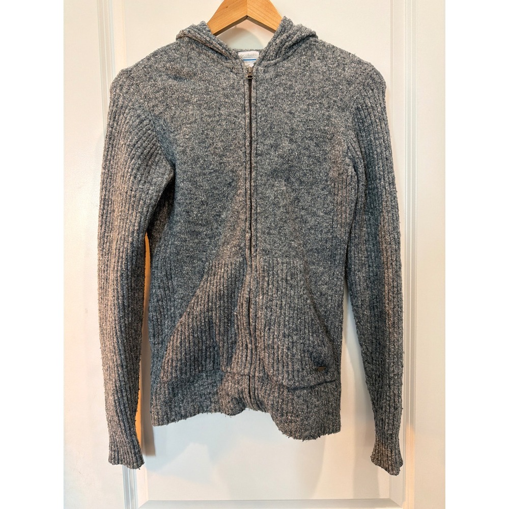 Columbia Sportswear Blue Marl Full Zip Hooded Ribbed Knit Sweater AL2002 Small